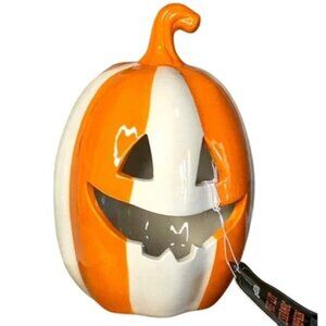 Prelit Orange & White Striped Ceramic Pumpkin Decoration